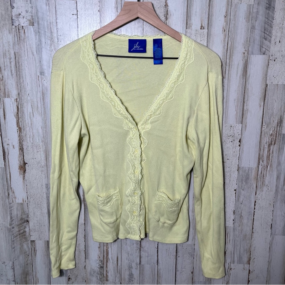 Vintage Y2K J.H. Yellow Green Lace Ribbed‎ Button Cardigan Sweater Womens Large